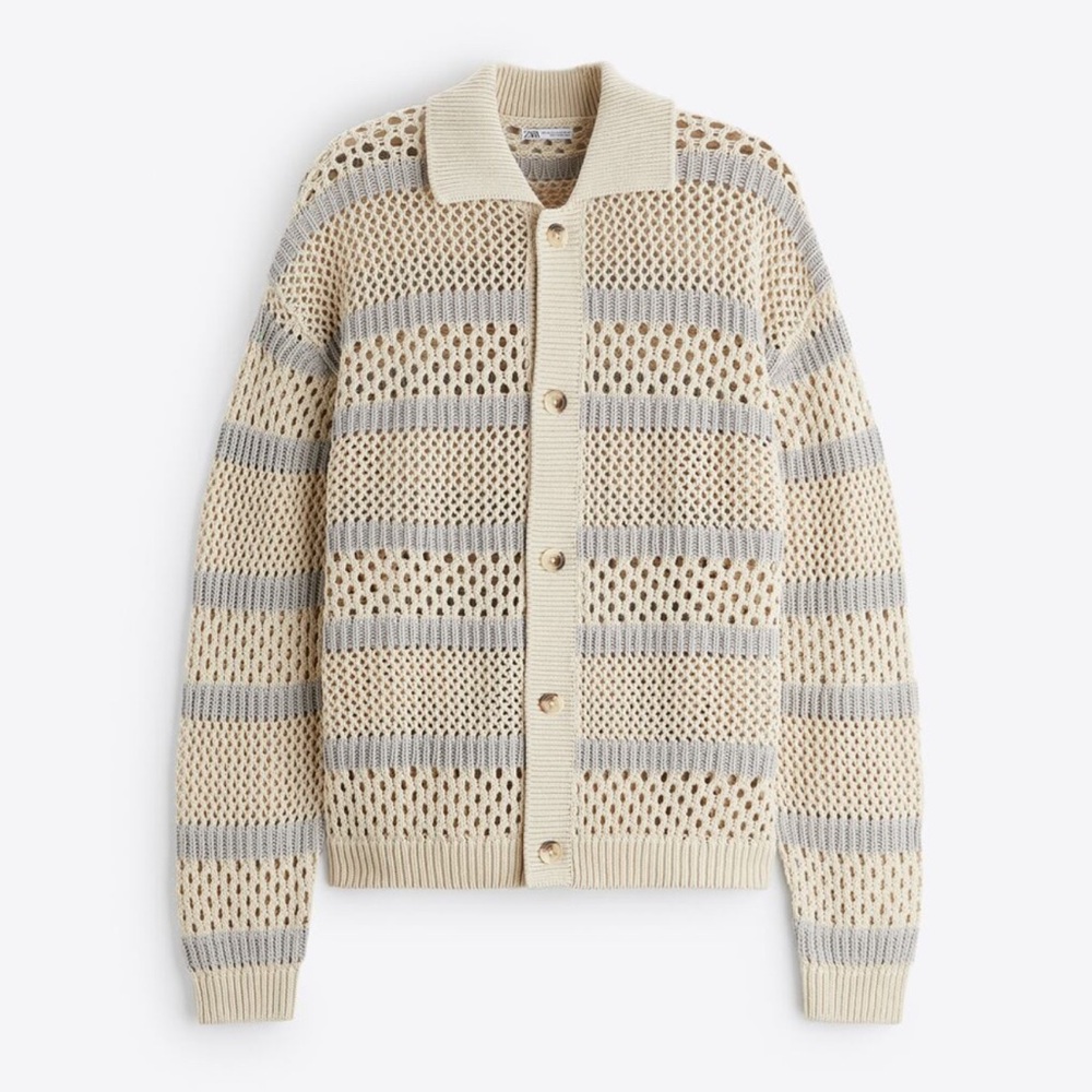 Zara grey blue and cream striped knit cardigan small